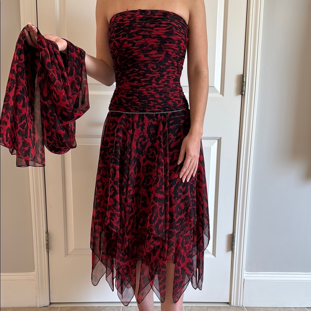 Red Asymmetrical Tiered Strapless Cocktail Dress